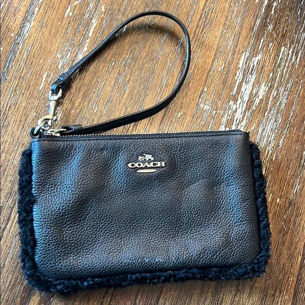 Coach Black Leather Wristlet with faux fur trim
